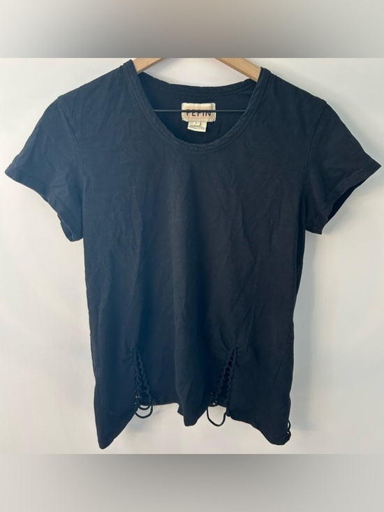 Pepin Tops - Pepin Women’s Black Distressed Braided Short Sleeve T-Shirt, Size Large